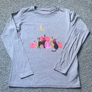 Crewcuts Gray Halloween Long Sleeve Shirt with Cat and Pumpkin Design